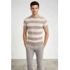 Erkek Tshirt Çizgili Triko Dokuma Bisiklet Yaka Tişört  Bej
