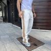 Erkek Üç İplik Kışlık Pamuklu Yandan Garneli Kalın Bej Şeritli Cepli Eşofman Altı  Beyaz
