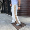 Erkek Üç İplik Kışlık Pamuklu Yandan Garneli Kalın Bej Şeritli Cepli Eşofman Altı  Beyaz