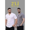 Erkek Waffle Dokuma Açık Yakalı Düğmeli Regular Kalıp 2’li Gömlek eti  Beyaz  Gri