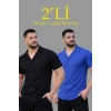 Erkek Waffle Dokuma Açık Yakalı Düğmeli Regular Kalıp 2’li Gömlek eti  iyah  aks avisi