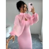 Kadın Balıkçı Yaka İnci Ve Tül Detay Dalgıç Kumaş Maxi Boy Elbise