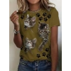 Kadın Kısa Kollu Kedi Ve Pati Baskılı Süprem Tshirt