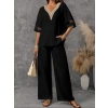 Kadın Kısa Kollu V Dantel Yakalı Aerobin Bluz Ve Pantolon Ikili Takım