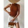 Kadın Kolsuz Halter Yaka Mini Baklava Desenli Triko Bluz