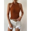 Kadın Kolsuz Halter Yaka Mini Baklava Desenli Triko Bluz