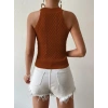 Kadın Kolsuz Halter Yaka Mini Baklava Desenli Triko Bluz
