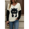 Kadın Uzun Kollu V Yakalı Kedi Baskılı şardonlu Dalgıç Bluz