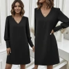 Kadın Uzun Kollu V Yakalı Kısa Ithal Krep Elbise