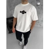 Unisex Bisiklet Yaka Baskılı Double Oversize Thirt  Beyaz
