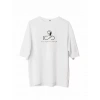 Unisex Bisiklet Yaka Baskılı Oversize Thirt  Beyaz