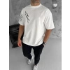 Unisex Bisiklet Yaka Baskılı Oversize Thirt  Beyaz