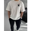 Unisex Bisiklet Yaka Baskılı Oversize Thirt  Beyaz
