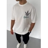 Unisex Bisiklet Yaka Baskılı Oversize Thirt  Beyaz