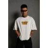 Unisex Bisiklet Yaka Baskılı Oversize Thirt  Beyaz