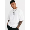 Unisex Bisiklet Yaka Baskılı Oversize Thirt  Beyaz