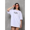Unisex Bisiklet Yaka Baskılı Oversize Thirt  Beyaz