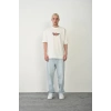 Unisex Bisiklet Yaka Baskılı Oversize Thirt  Beyaz