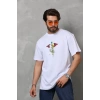 Unisex Bisiklet Yaka Baskılı Oversize Thirt  Beyaz