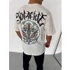 Unisex Bisiklet Yaka Baskılı Oversize Thirt  Beyaz
