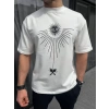 Unisex Bisiklet Yaka Baskılı Oversize Thirt  Beyaz