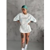 Unisex Bisiklet Yaka Baskılı Oversize Thirt  Beyaz