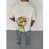 Unisex Bisiklet Yaka Baskılı Oversize Thirt  Beyaz