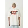 Unisex Bisiklet Yaka Baskılı Oversize Thirt  Beyaz