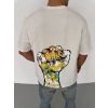 Unisex Bisiklet Yaka Baskılı Oversize Thirt  Beyaz