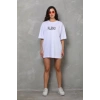 Unisex Bisiklet Yaka Baskılı Oversize Thirt  Beyaz
