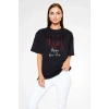 Unisex Bisiklet Yaka Baskılı Oversize Thirt  iyah