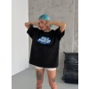 Unisex Bisiklet Yaka Baskılı Oversize Thirt  iyah