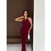 Uzun Abiye Elbise Yırtmaçlı ırt Dekolteli Şık Gece Elbisesi  Bordo