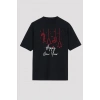 Yılbaşı Happy New Year Baskılı Kısa Kollu Oversize Bisiklet Yaka Tshirt  iyah