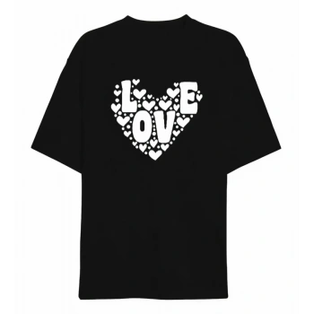 14 Şubat evgililer Günü ove Kalp Baskılı Oversize Bisiklet Yaka Tshirt  iyah