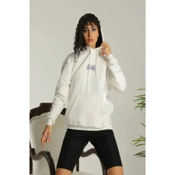 24 ırt Baskılı Ovresize Üç İplik Kapüşonlu weatshirt  Beyaz
