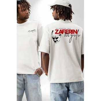30 Ağustos Zafer Bayramı Ön Arka Baskılı Oversize Bisiklet Yaka Tshirt  Beyaz