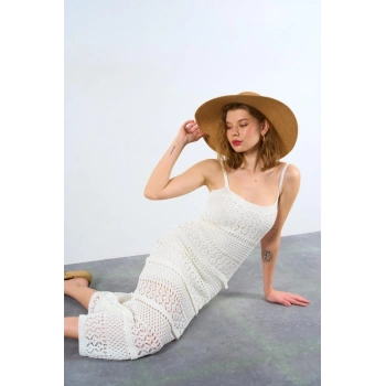 Ajurlu Astarlı Elbise  Ekru