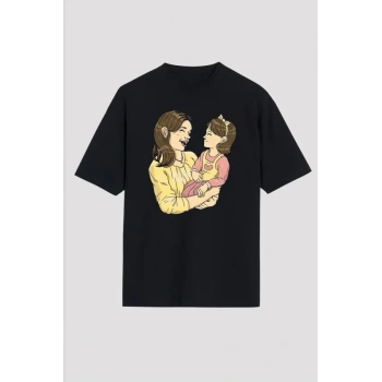 Anneler Günü Hediye Anne Kız Temalı Baskılı Oversize Bisiklet Yaka Tshirt  iyah