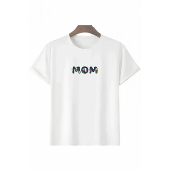 Anneler Günü Hediye om Çiçek Baskılı Oversize Bisiklet Yaka Tshirt  Beyaz