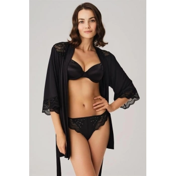 Secretsita Dantelli Sabahlık Balenli Destekli Dolgulu Taşlı Sütyen ve String 3lü Takım