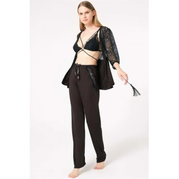 Secretsita Dantelli Sabahlık Balensiz Desteksiz Dolgusuz Yaka Detaylı Sütyen ve Pantolon Pijama 3lü Takım