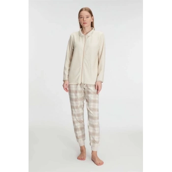 Secretsita Fermuarlı Uzun Kol Sweatshirt Pantolon Takım Viskon ve Pamuklu Pijama Takımı