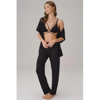 Secretsita İp Askılı V Yaka Düz Yazlık Uzun Dantel Detaylı Pijama Takımı Sabahlık