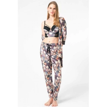Secretsita Kadife Çiçek Desenli Sabahlık Balenli Destekli Dolgulu Yaka Detaylı Dantelli Büstiyer Sütyen ve Pantolon Pijama 3lü Takım
