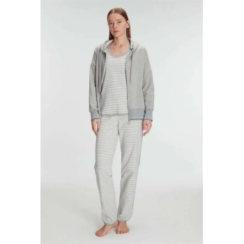 Secretsita Pamuklu Uzun Kol Fermuarlı Swearshirt Sıfır Kol T-Shirt ve Pantolon Pijama Takım