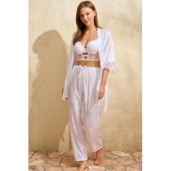 Secretsita Saten Çiçek Desenli Dantelli Sabahlık Balenli Destekli Dolgulu Büstiyer Sütyen ve Pantolon Pijama 3lü Takım