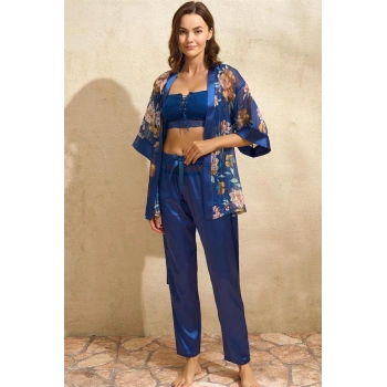 Secretsita Tül Çiçek Baskılı Sabahlık Balensiz Desteksiz Dolgusuz Dantelli Büstiyer Sütyen ve Saten Pantolon Pijama 3lü Takım