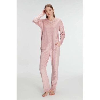 Secretsita Uzun Kol V Yaka Sweatshirt ve Pantolon Takım Pijama Takımı