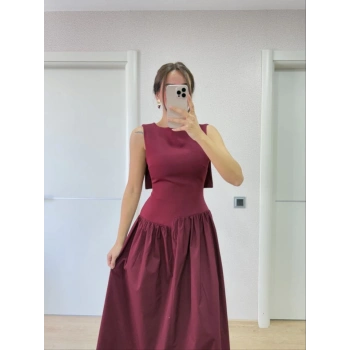 Arkası Kanatlı Uzun Elbise Bordo